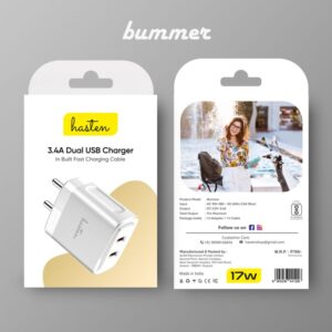 Hasten 3.4A Dual USB Fast Charger with Built-In Cable | 17W High-Speed Adapter | Universal Mobile Charger